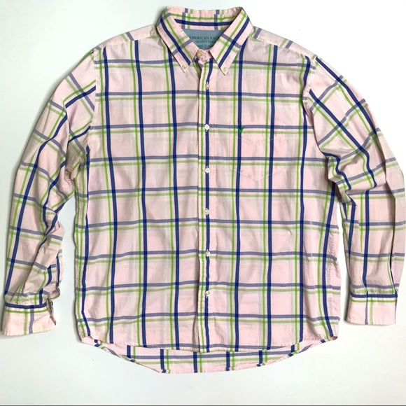 Mens American Eagle Pink Plaid Button Down Shirt Size Large - Picture 2 of 8